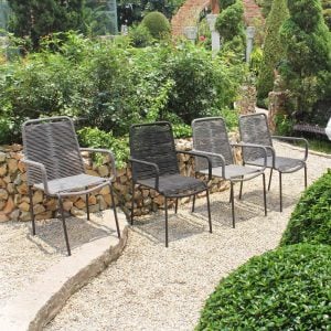 Grey Patio Stackable Chair Set of 4 – Steel Frame Outdoor Dining Chairs with Rope Weaving