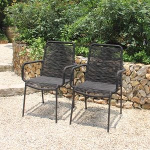 Black Patio Stackable Chair Set of 2 – Steel Frame Outdoor Dining Chairs with Rope Weaving