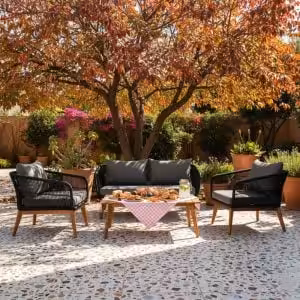 Modern Rope Patio Conversation Set with Acacia Wood Table – Outdoor Bench & Chairs