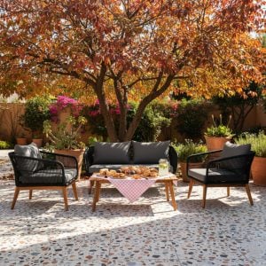 Modern Rope Patio Conversation Set with Acacia Wood Table – Outdoor Bench & Chairs