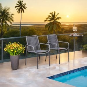 Grey Patio Stackable Chair Set of 2 – Steel Frame Outdoor Dining Chairs with Rope Weaving