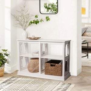 Acacia Solid Wood Console Table with Open Shelving & Decorative Side Panels
