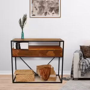 Acacia Wood Console Table with 2 Drawers & Powder-Coated Steel Frame