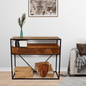 Acacia Wood Console Table with 2 Drawers & Powder-Coated Steel Frame