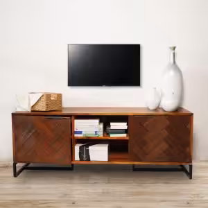 Acacia Wood TV Cabinet with Steel Legs, Two Doors & Middle Shelf