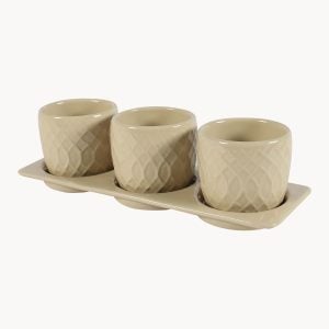 Stoneware Indoor Planter Set with Tray – Criss-Cross Pattern Modern Decorative Pots (Set of 3)