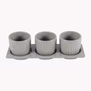 Stoneware Indoor Planter Set with Tray – Embossed Stripe Texture, Drainage Holes, Modern Decorative Pots (Set of 3)