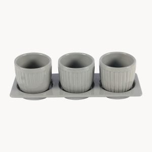 Stoneware Indoor Planter Set with Tray – Embossed Stripe Texture, Drainage Holes, Modern Decorative Pots (Set of 3)