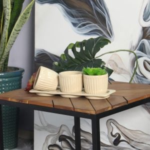 Stoneware Indoor Planter Set with Tray – Embossed Stripe Texture, Drainage Holes, Modern Decorative Pots (Set of 3)