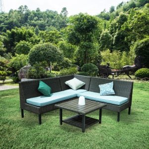 L-Shape Patio Conversation Set – Wicker Outdoor Sofa with Coffee Table