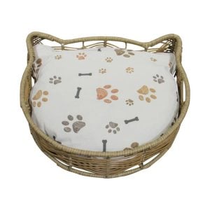 Hand-Woven Wicker Cat Bed with Removable Cushion – Powder-Coated Steel Frame Pet Lounge