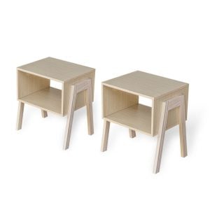 Set of 2 Stackable Natural Oak End Tables with Storage Shelf – Particle Board & Solid Pine Legs