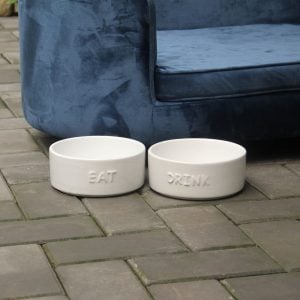 Set of 2 Stoneware Pet Bowls for Cats & Small Dogs – White Cute Text High-Gloss Easy-Clean Pet Dish