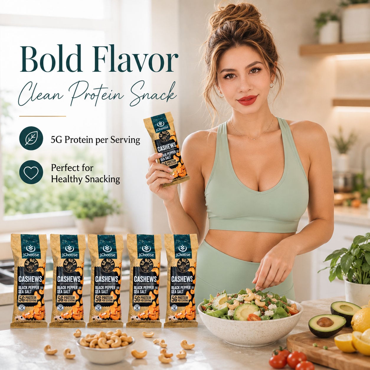 IChoose Go Nuts – Premium Cashews, High Protein Plant-Based Snack, 2 oz per Pack (5 Packs, Black Pepper and Sea Salt)