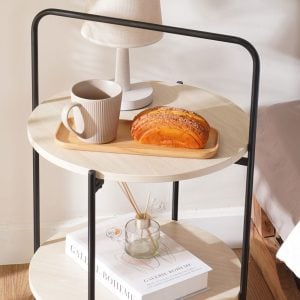 Set of 2 Stackable Natural Oak End Tables with Storage Shelf – Particle Board & Solid Pine Legs