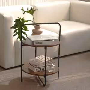 Round 2-Tier End & Brown Side Table with Foldable Steel Frame and MDF Shelves