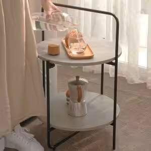 Round 2-Tier End & Gray Side Table with Foldable Steel Frame and MDF Shelves