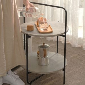 Round 2-Tier End & Gray Side Table with Foldable Steel Frame and MDF Shelves