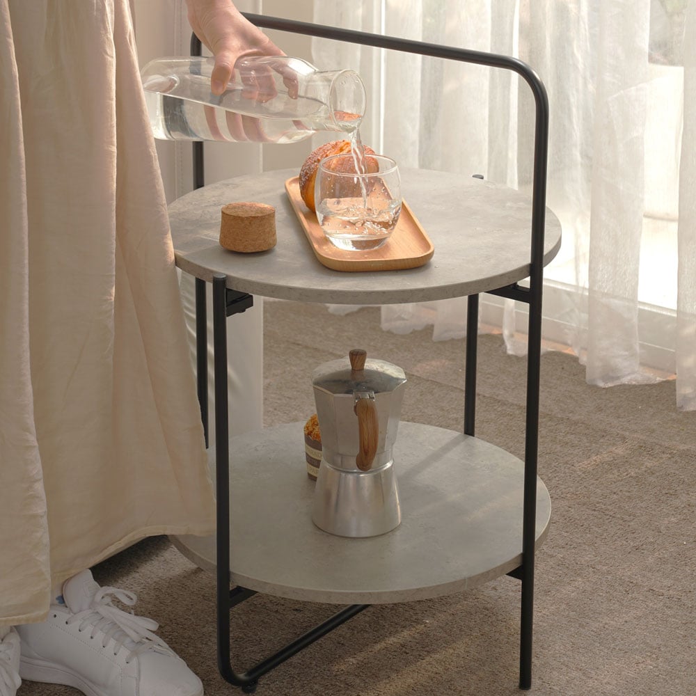 Round 2-Tier End & Gray Side Table with Foldable Steel Frame and MDF Shelves