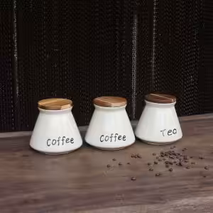 Stoneware Kitchen Canister Set with Acacia Lids – Sugar, Tea & Coffee White Storage Jars (Set of 3)