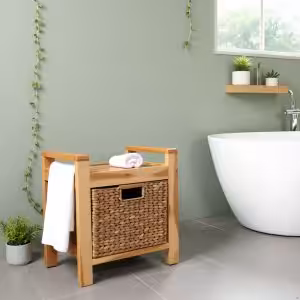 Handmade Acacia Wood Storage Stool with Water Hyacinth Basket – Natural Accent Organizer