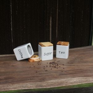 Stoneware Kitchen Canisters with Acacia Wood Lids – Sugar, Tea & Coffee Tall Storage Jars (Set of 3)