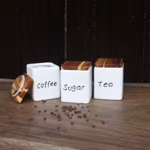 Stoneware Kitchen Canisters with Acacia Wood Lids – Sugar, Tea & Coffee Storage Jars (Set of 3)