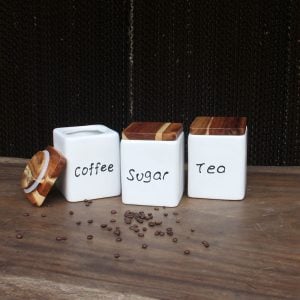Stoneware Kitchen Canisters with Acacia Wood Lids – Sugar, Tea & Coffee Storage Jars (Set of 3)
