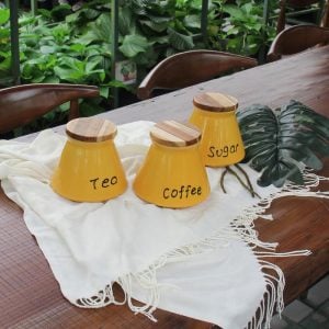 Stoneware Kitchen Canister Set with Acacia Lids – Sugar, Tea & Coffee Yellow Storage Jars (Set of 3)