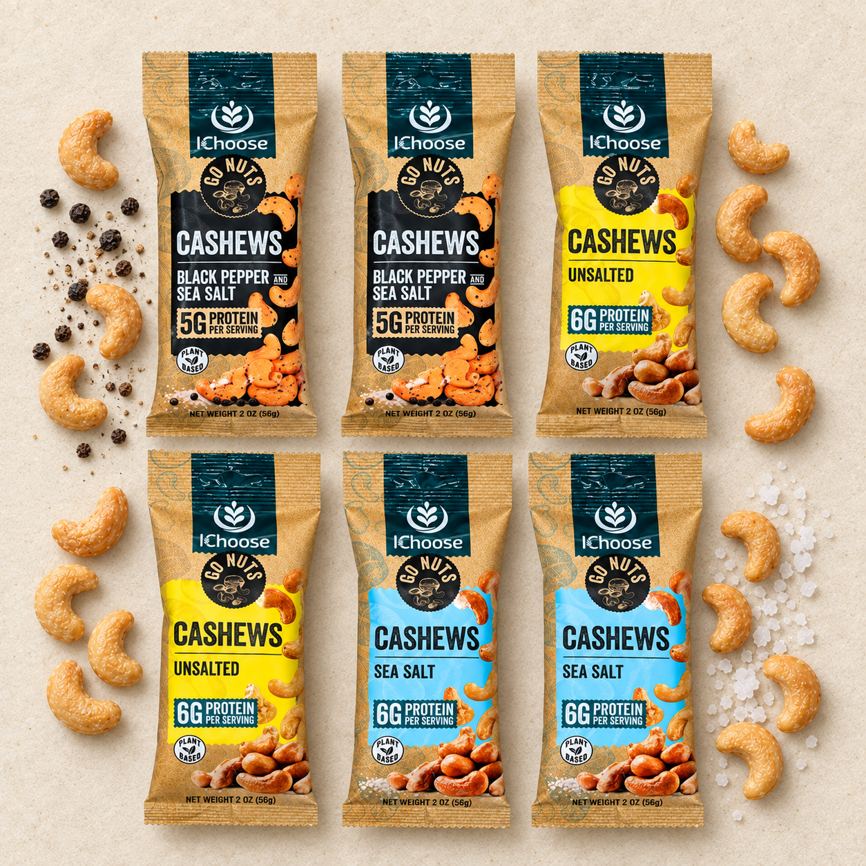 IChoose Go Nuts – Premium Cashew Variety Pack, High Protein Plant-Based Snack, 2 oz per Pack (6 Packs)