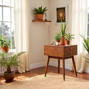 Solid Acacia Wood Nightstand with USB Charging Drawer – Mid-Century Bedside Table