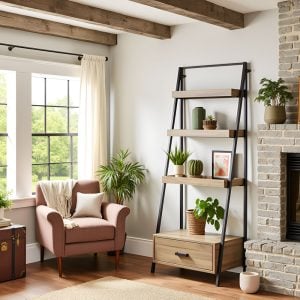 Folding Ladder Bookshelf with Acacia Wood Shelves and Steel Frame – Modern Space-Saving