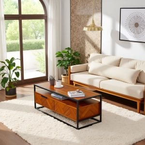 Acacia Wood Coffee Table with 2 Drawers & Powder-Coated Steel Frame