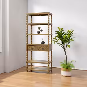 Solid Acacia Wood 6-Tier Bookcase with Drawer – Freestanding Storage Shelf