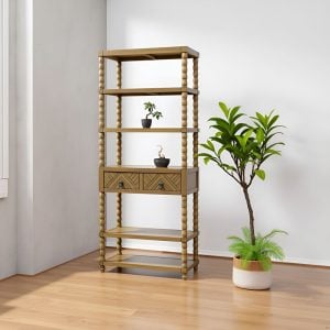 Solid Acacia Wood 6-Tier Bookcase with Drawer – Freestanding Storage Shelf