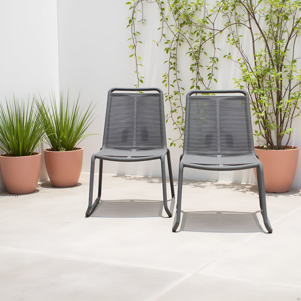 Grey Rope Weaving Patio Stacking Chair Set of 2 – Steel Frame Outdoor Dining Chairs
