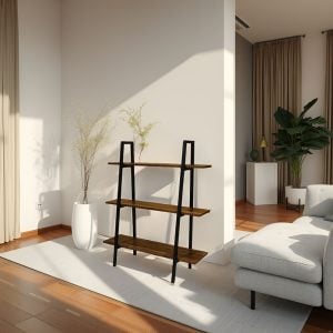 3-Tier Acacia Wood Ladder Bookshelf with Powder-Coated Steel Frame