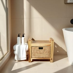 Handmade Acacia Wood Storage Stool with Water Hyacinth Basket – Natural Accent Organizer