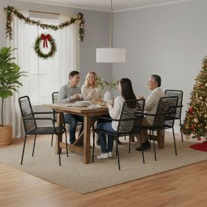 Black Patio Stackable Chair Set of 4 – Steel Frame Outdoor Dining Chairs with Rope Weaving