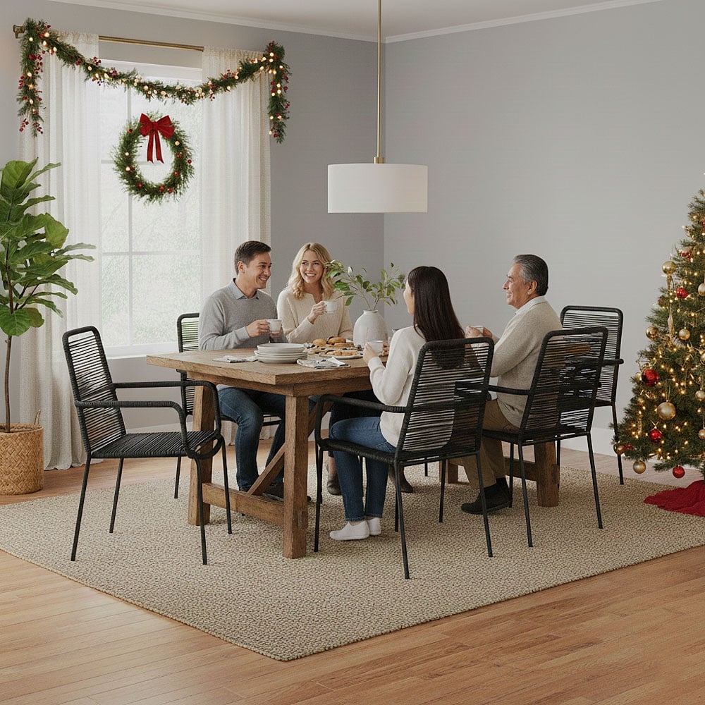 Black Patio Stackable Chair Set of 4 – Steel Frame Outdoor Dining Chairs with Rope Weaving