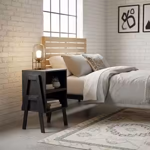 Set of 2 Stackable Black End Tables with Storage Shelf – Particle Board & Solid Pine Legs