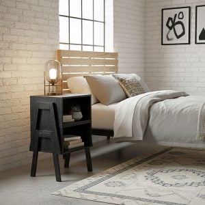 Set of 2 Stackable Black End Tables with Storage Shelf – Particle Board & Solid Pine Legs