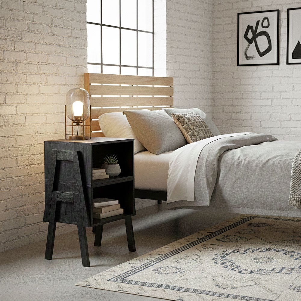 Set of 2 Stackable Black End Tables with Storage Shelf – Particle Board & Solid Pine Legs