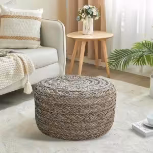 Natural Seagrass Chevron Accent Stool – Round Handwoven Ottoman, Lightweight Floor Seat