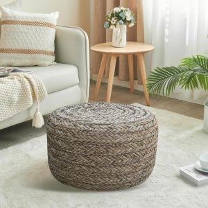 Natural Seagrass Chevron Accent Stool – Round Handwoven Ottoman, Lightweight Floor Seat