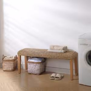 Outdoor Patio Bench with Acacia Solid Wood Light Brown Frame and PE Wicker Seat