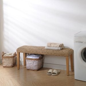 Outdoor Patio Bench with Acacia Solid Wood Light Brown Frame and PE Wicker Seat