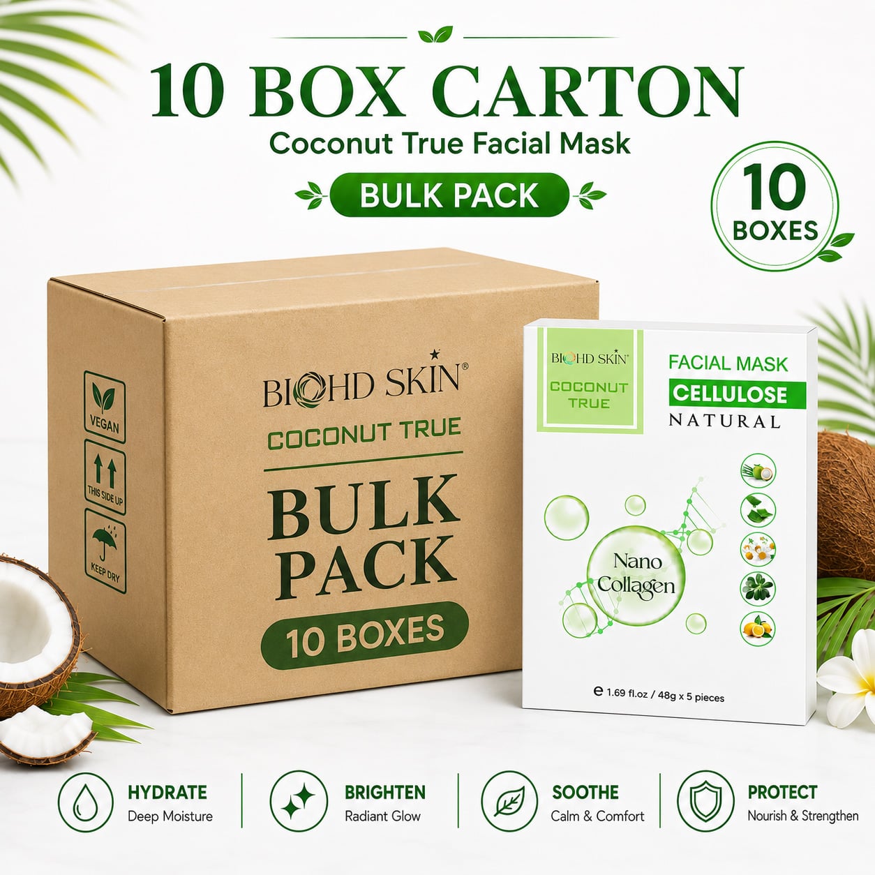 BIOHD SKIN Coconut True Cellulose — Nano Collagen Facial Sheet Mask, 10-Box Carton Pack (5 Sheets/ Box)