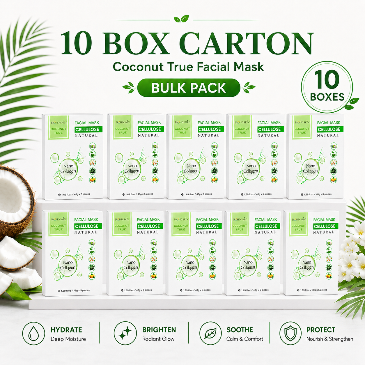 BIOHD SKIN Coconut True Cellulose — Nano Collagen Facial Sheet Mask, 10-Box Carton Pack (5 Sheets/ Box)