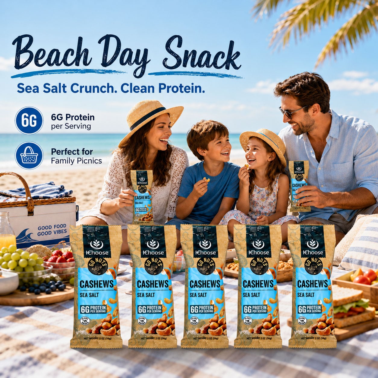 IChoose Go Nuts – Premium Sea Salt Cashews, High Protein Plant-Based Snack, 2 oz per Pack (5 Packs)